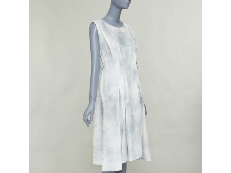 MARNI offwhite steel blue tie dye print cotton round neck layered dress IT36 XXS