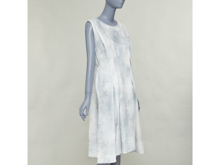 MARNI offwhite steel blue tie dye print cotton round neck layered dress IT36 XXS