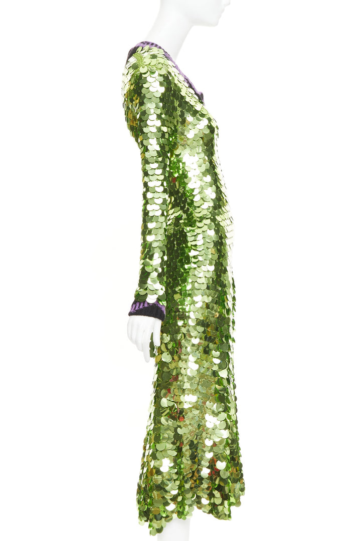 PRADA 2021 Runway green sequin paillettes purple jacquard trim dress IT38 XS