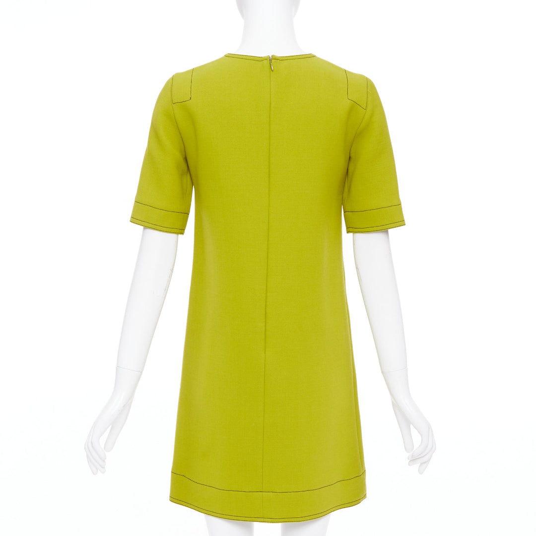 MARNI lime green 100% virgin wool overstitch silk lined shift dress IT36 XXS
