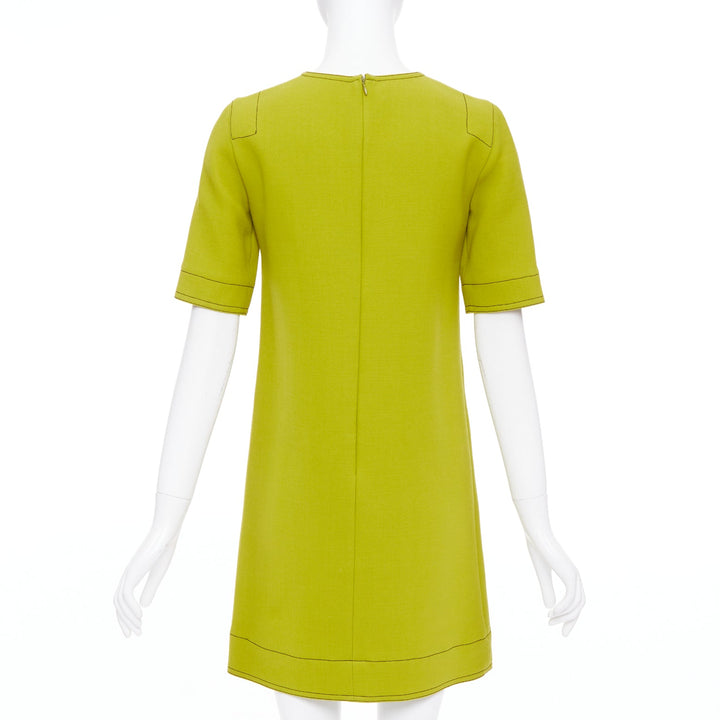 MARNI lime green 100% virgin wool overstitch silk lined shift dress IT36 XXS