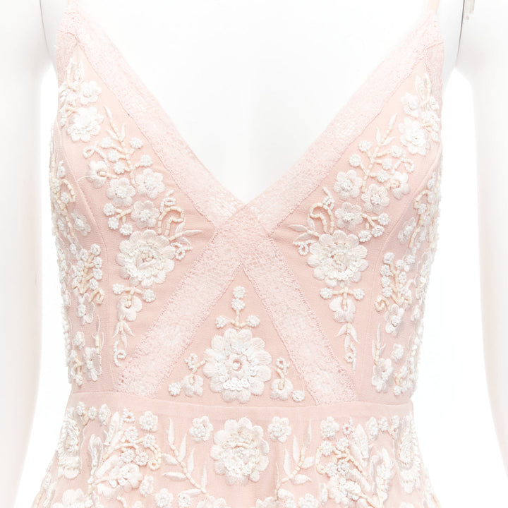 NEEDLE & THREAD pink cream beaded embroidery embellished chiffon dress UK4 XXS