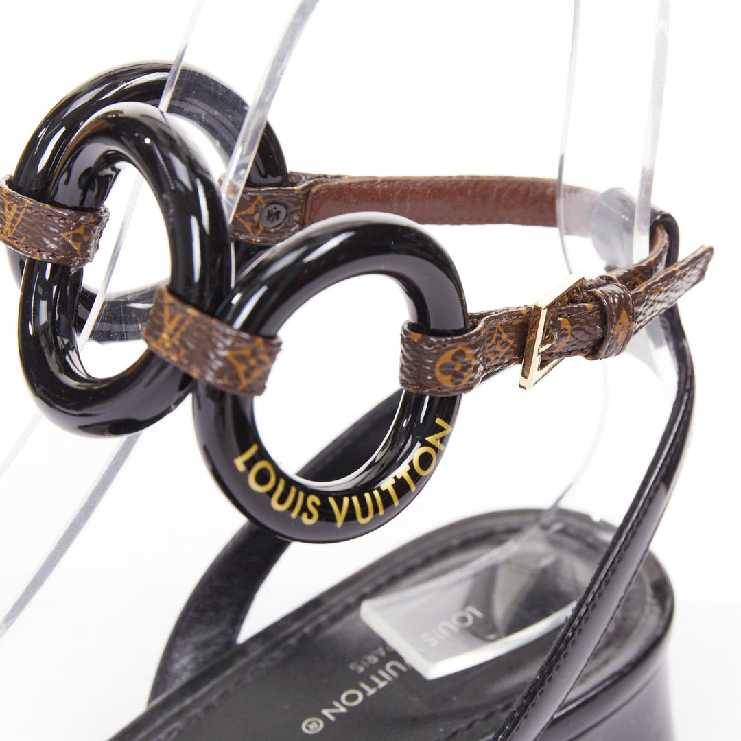 LOUIS VUITTON Vedette black patent brown LV monogram logo sandals EU38