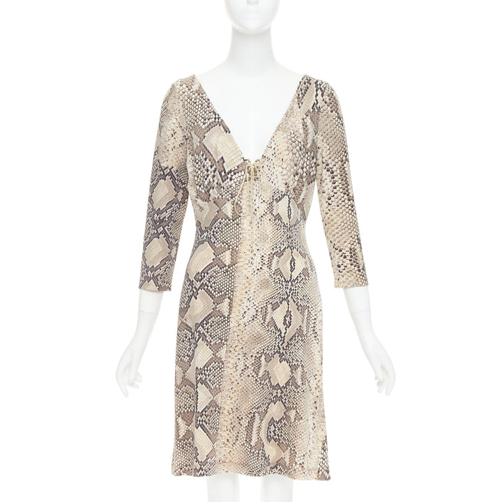 ROBERTO CAVALLI Vintage scaled leather print lace detail V neck dress IT42 M