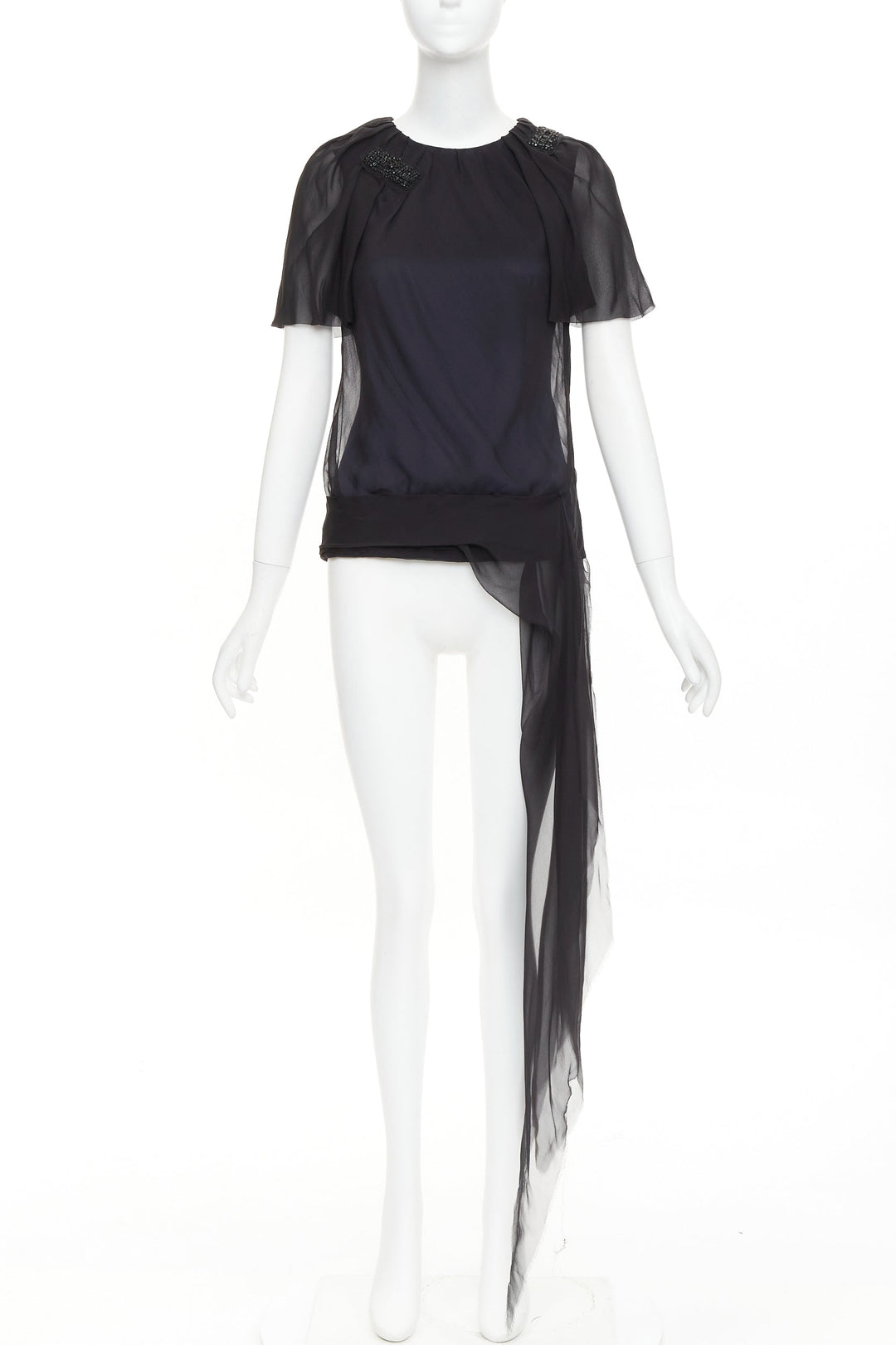 J MENDEL Chiffon Draped Top black beads embellished asymmetric blouse top US2 S