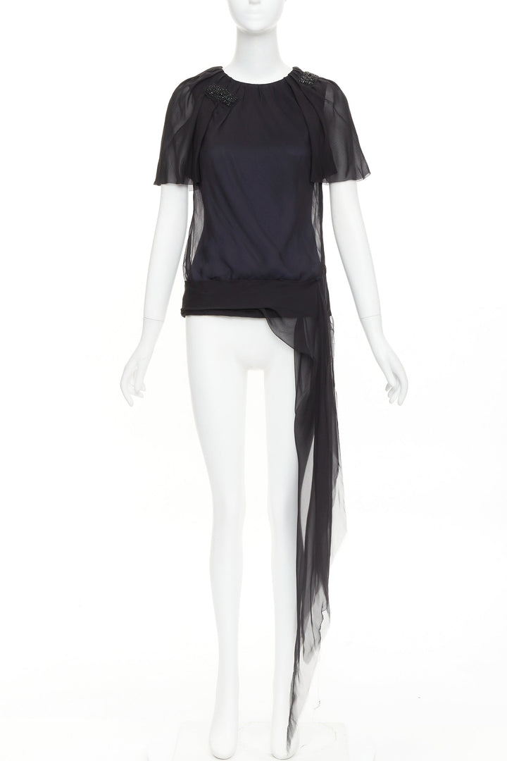 J MENDEL Chiffon Draped Top black beads embellished asymmetric blouse top US2 S