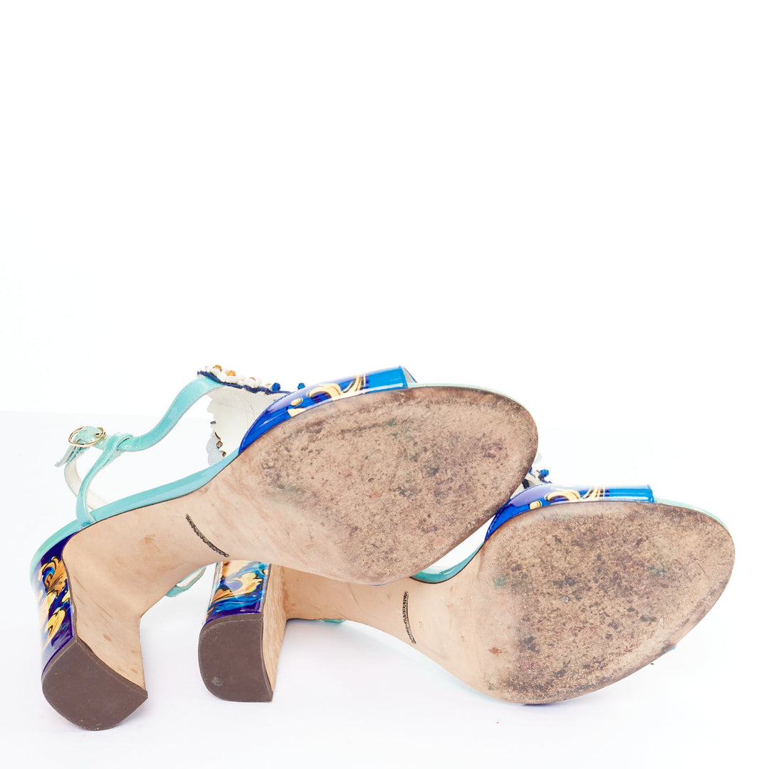 DOLCE GABBANA Majolica print floral embellished  T-strap high heel sandals EU39