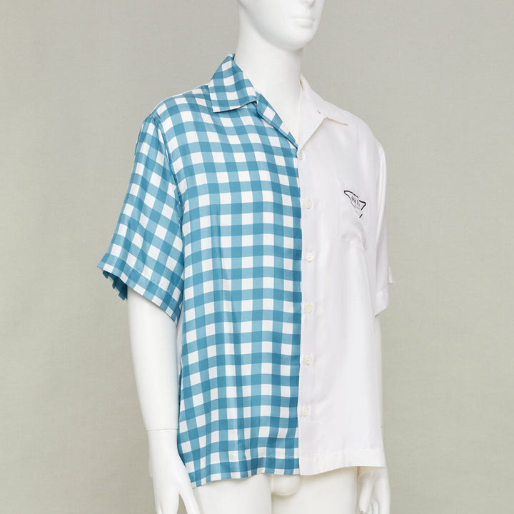 PRADA 2023 Double Match Vichy Split Gingham Check white silk bowling shirt L