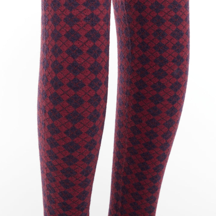 CHANEL red navy wool CC logo button checked wool thigh high socks M
