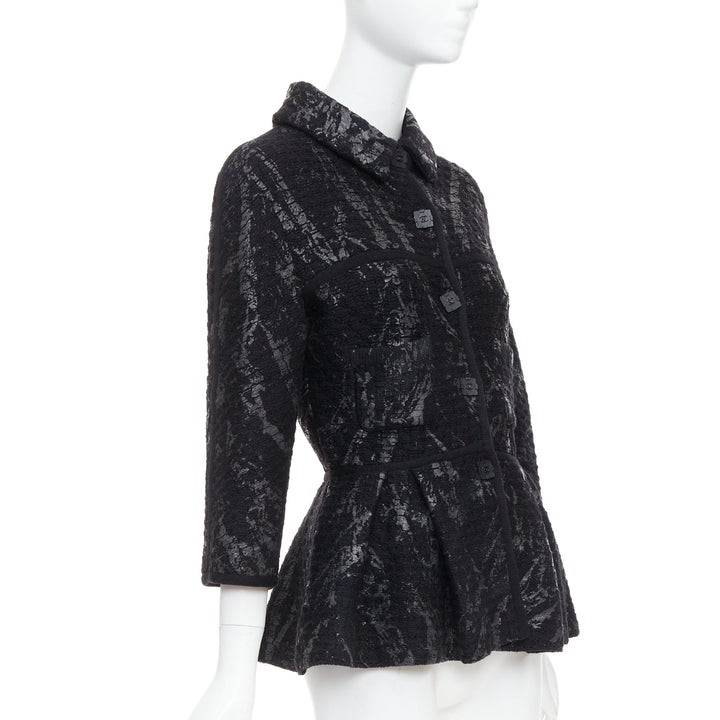 CHANEL 11A grey black painted tweed CC square buttons peplum coat FR38 M