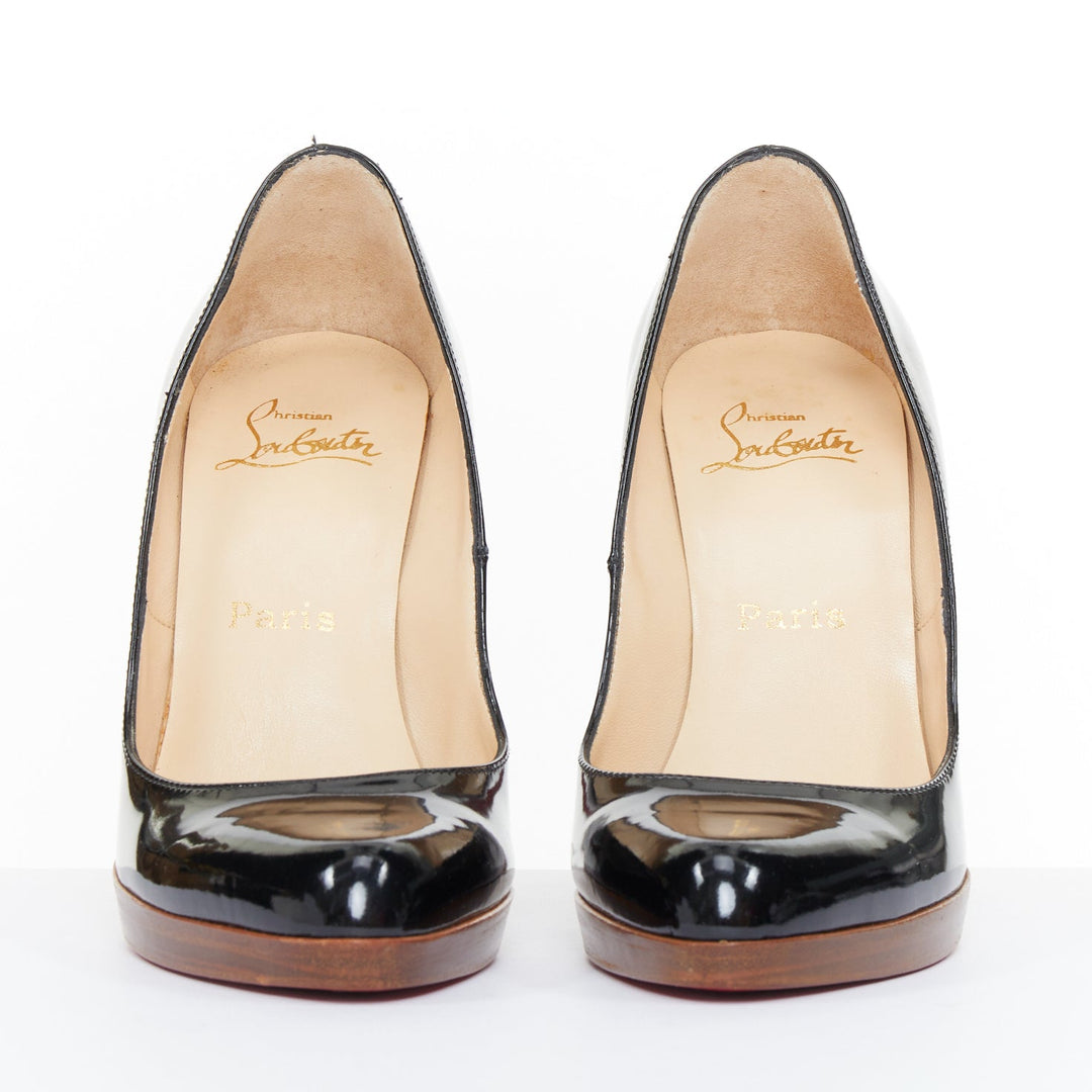 CHRISTIAN LOUBOUTIN Miss Boxe black patent leather wood platform pumps EU38
