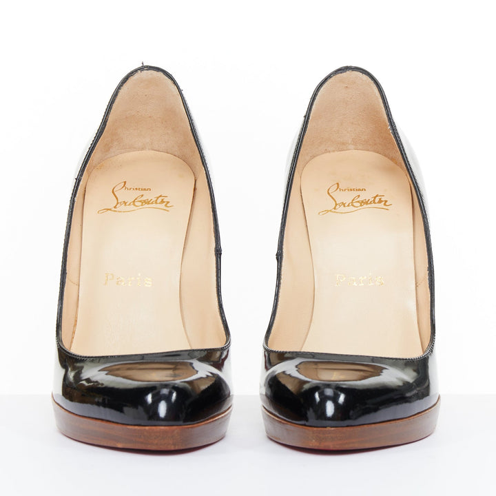 CHRISTIAN LOUBOUTIN Miss Boxe black patent leather wood platform pumps EU38