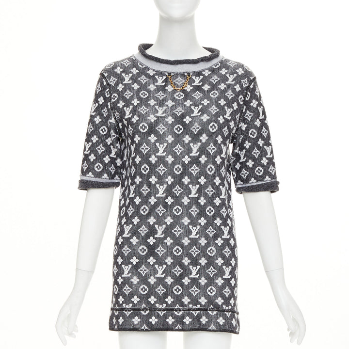 LOUIS VUITTON 2023 grey cream wool cotton LV monogram chain collar mini dress XS