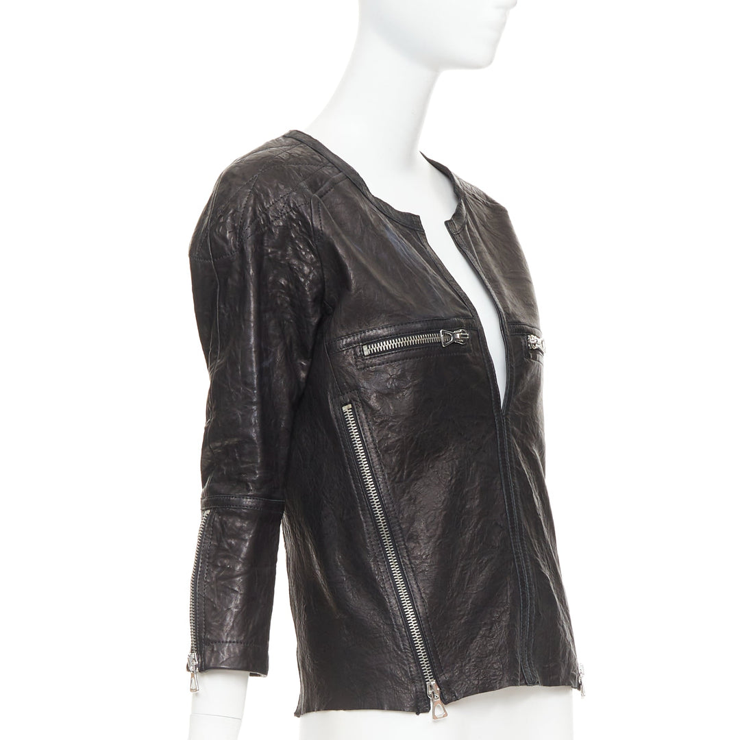 ISABEL MARANT black crinkled leather biker zip pullover jacket FR1 S
