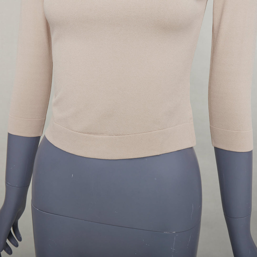 ALAIA light nude viscose blend cropped sleeved bateau neck sweater FR36 S
