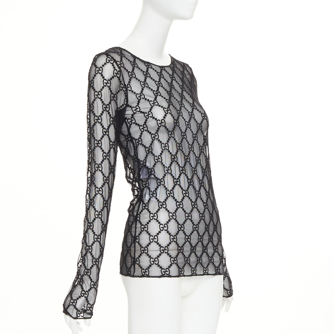 GUCCI 2019 black sheer monogram GG embroidered tulle long sleeve top XXS