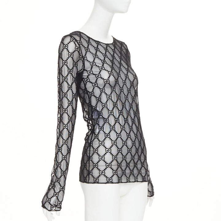 GUCCI 2019 black sheer monogram GG embroidered tulle long sleeve top XXS