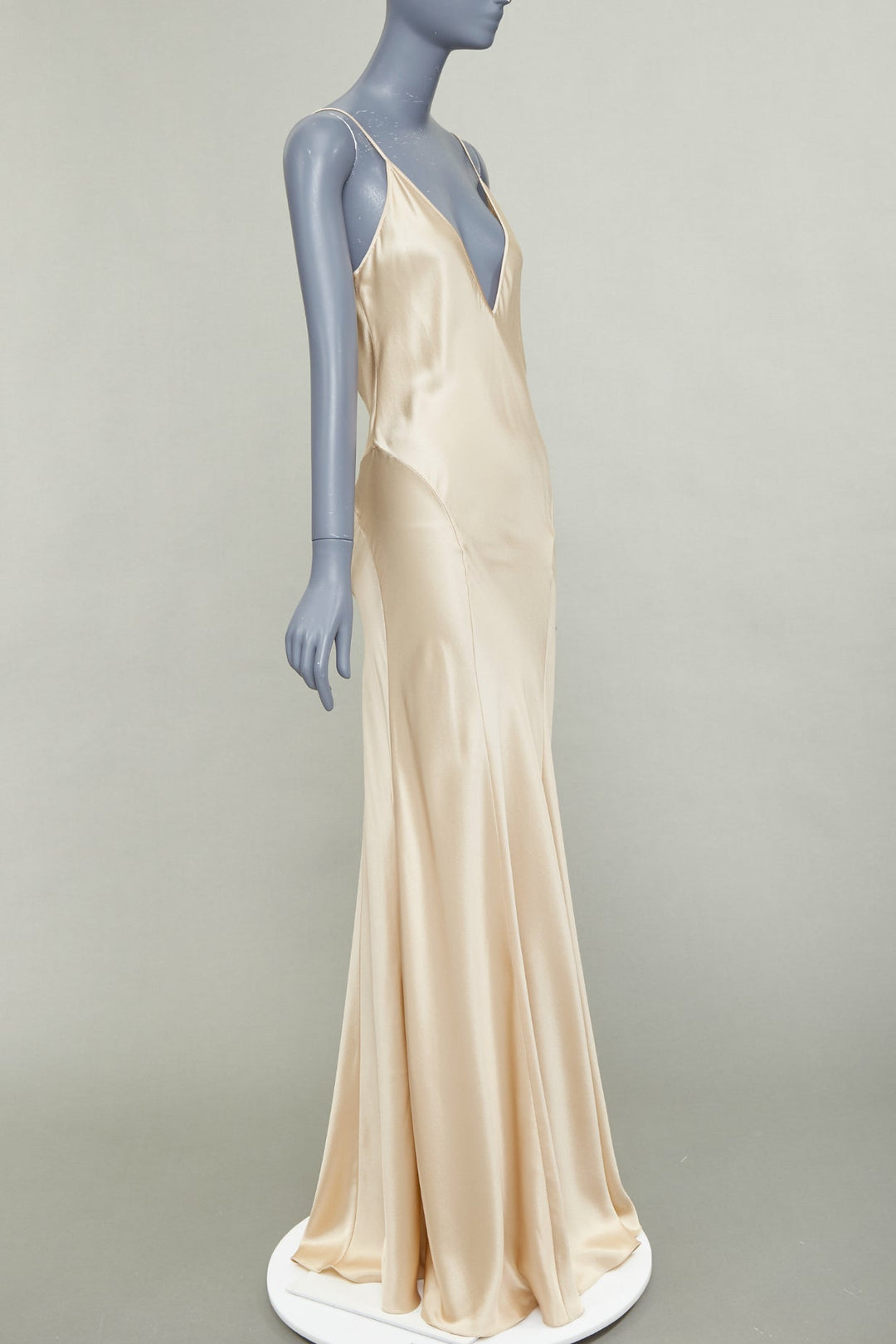 SAINT LAURENT 2024 rose champagne silk satin plunge contour panel gown FR38 M
