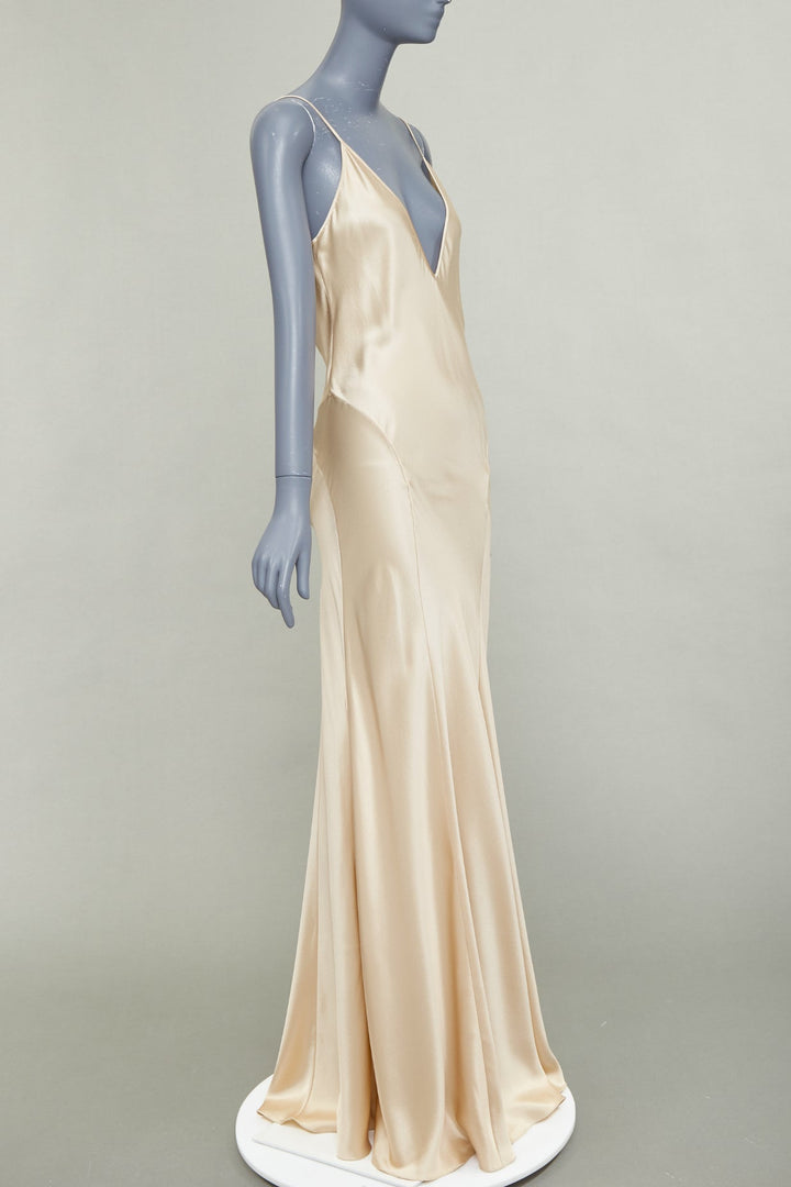 SAINT LAURENT 2024 rose champagne silk satin plunge contour panel gown FR38 M