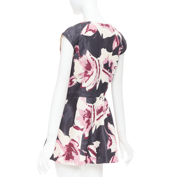 CHRISTIAN DIOR pink cream 100% silk abstract floral print tie waist dress FR38 M