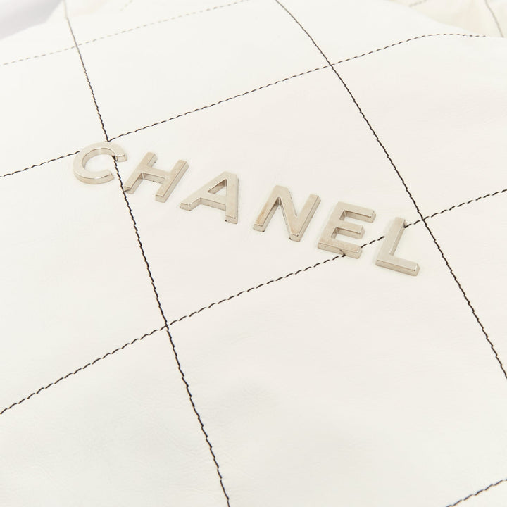 CHANEL 2022 Runway 22 Medium white quilted shiny calfskin silver hobo bag