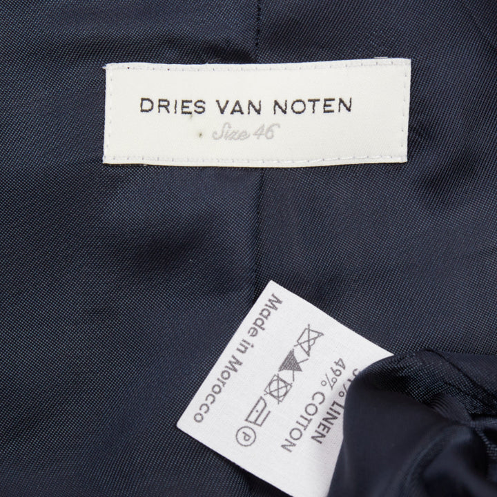 DRIES VAN NOTEN navy black linen cotton patch pocket notch lapel blazer EU46 S