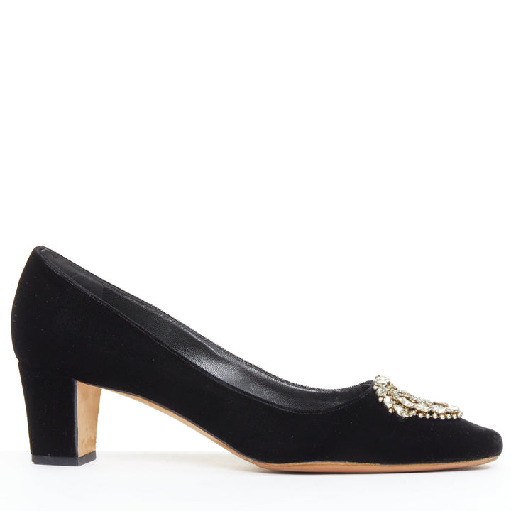MANOLO BLAHNIK Okkato black velvet crysta jewell buckle pump EU39