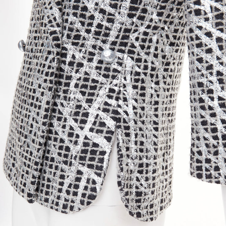 CHANEL 2012 Runway Silver Metallic Graffiti black check tweed jacket FR36 XS