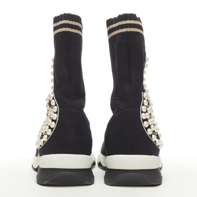 FENDI Rockoko black pearl embellished black sock knit high top sneaker EU36