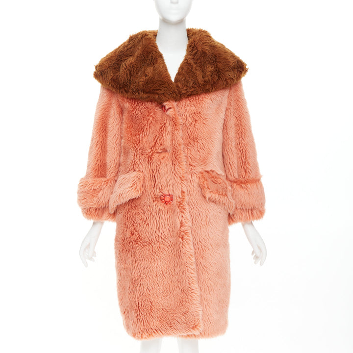MIU MIU 2017 Runway orange brown XL flower button faux fur oversize coat IT36 XS