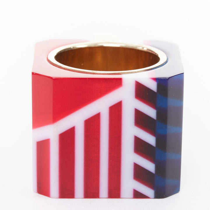 DIOR 2922 Sorbet Cube red blue geometric resin gold logo statement ring US6.5