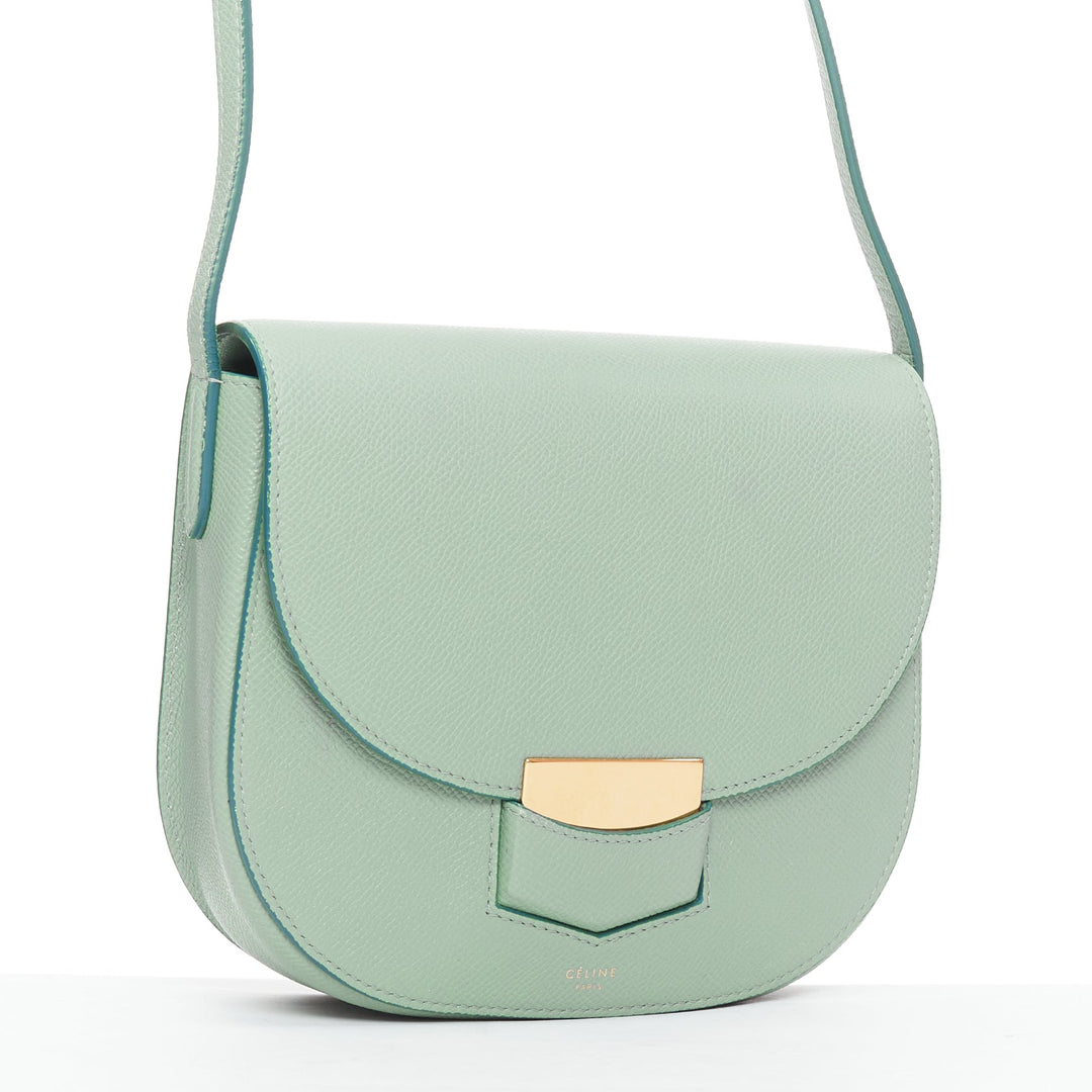 CELINE Trotteur mint green grained leather gold hardware small crossbody bag