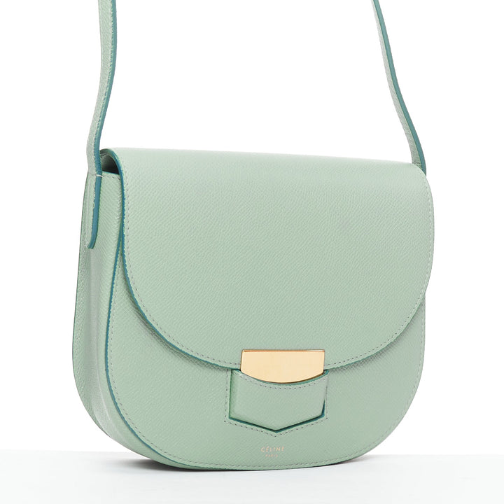 CELINE Trotteur mint green grained leather gold hardware small crossbody bag