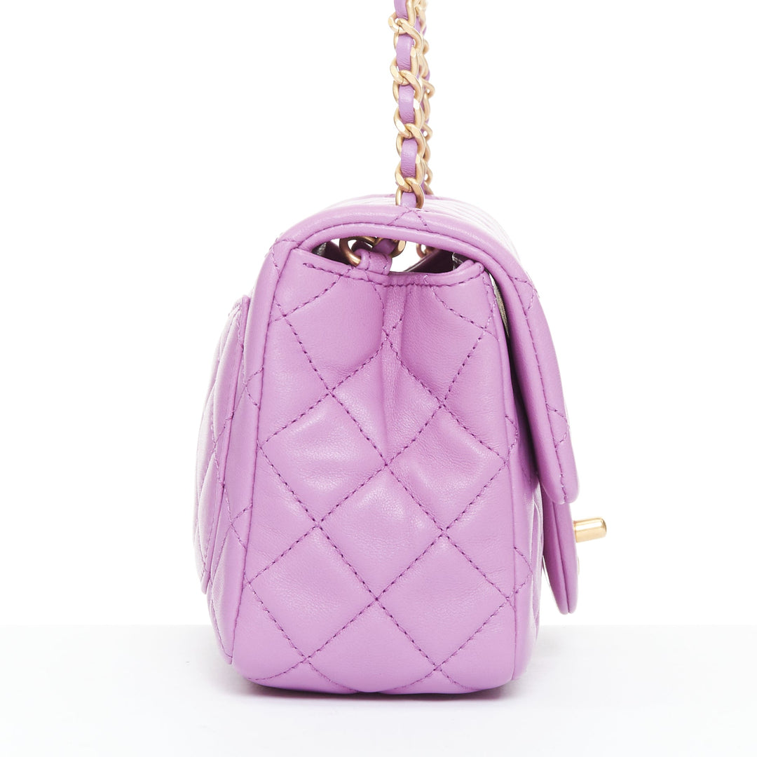 CHANEL Pearl Crush Mini Square Flap purple lambskin age gold globe crossbody bag