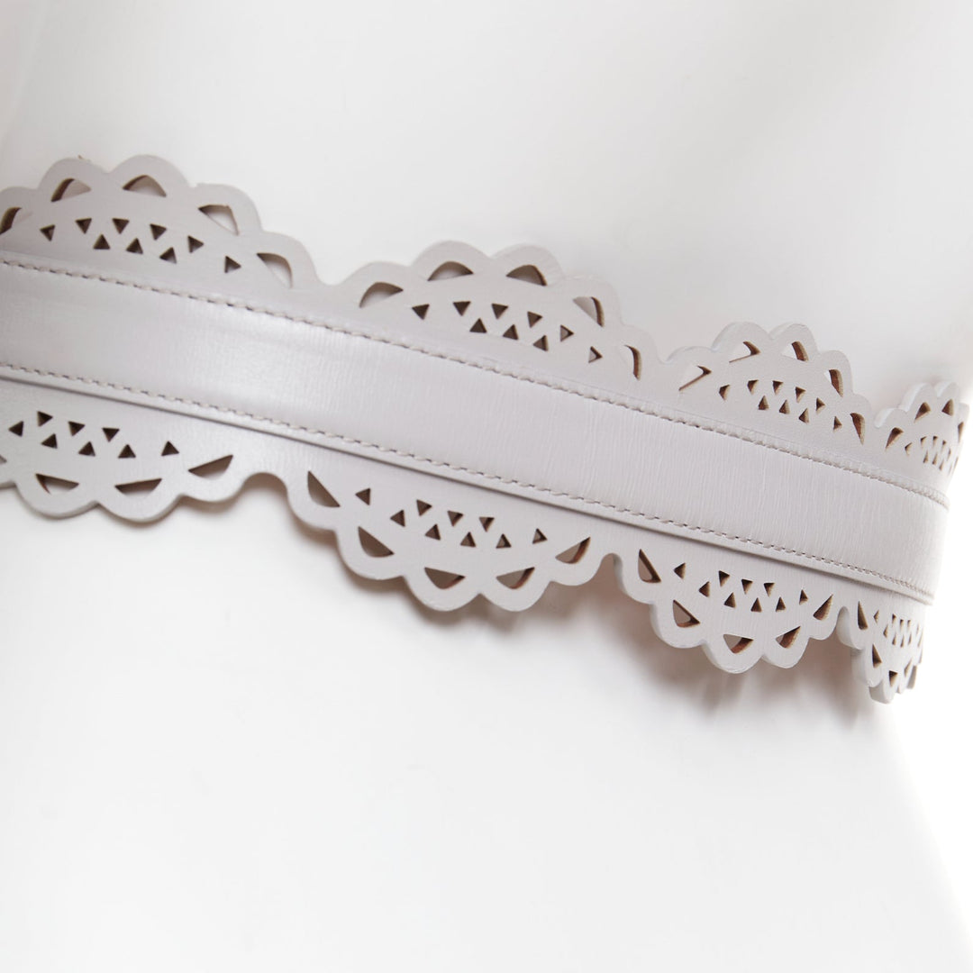 ALAIA light grey leather laser cut details silver buckle scallop belt 65cm