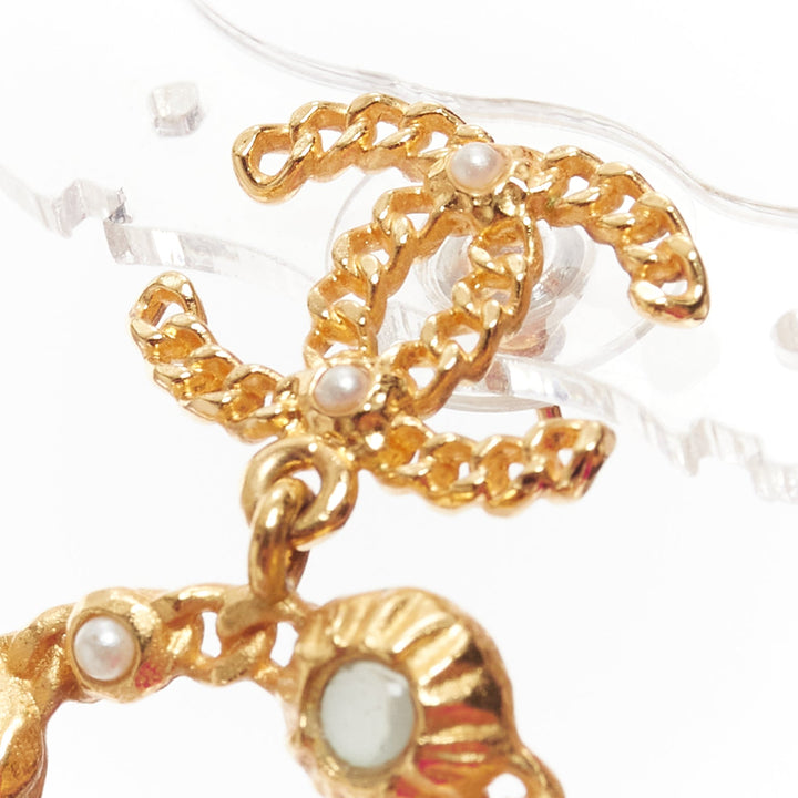 CHANEL A18K gold CC chain logo grey resin dangling pin earrings
