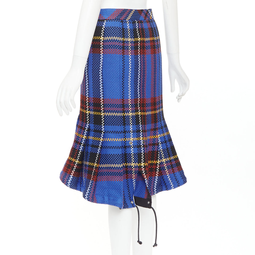 SACAI 2017 blue plaid check cotton blend leather buckle wrap kilt skirt JP2 M