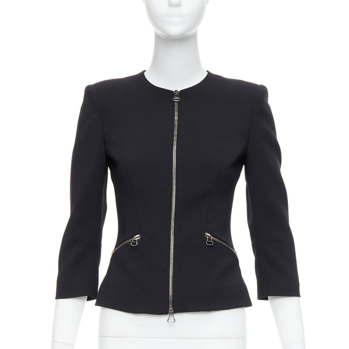 PIERRE BALMAIN black virgin wool blend silver zip front shoulder jacket FR38 M