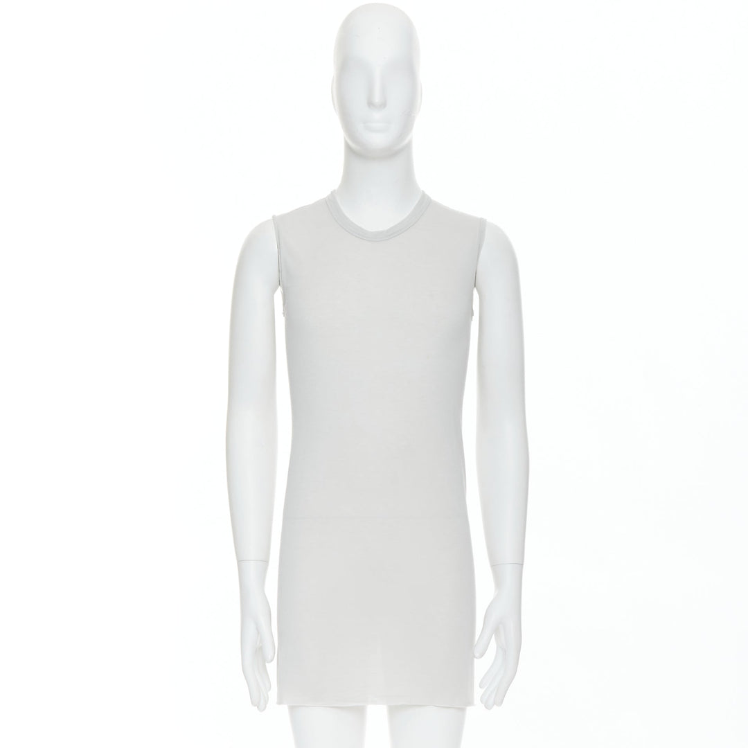 Male mannequin wearing Rick Owens SS 2021 Phlegethon Grey Viscose Men Tank Top in Size  S | Available at JHROP