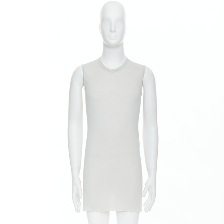 Male mannequin wearing Rick Owens SS 2021 Phlegethon Grey Viscose Men Tank Top in Size  S | Available at JHROP