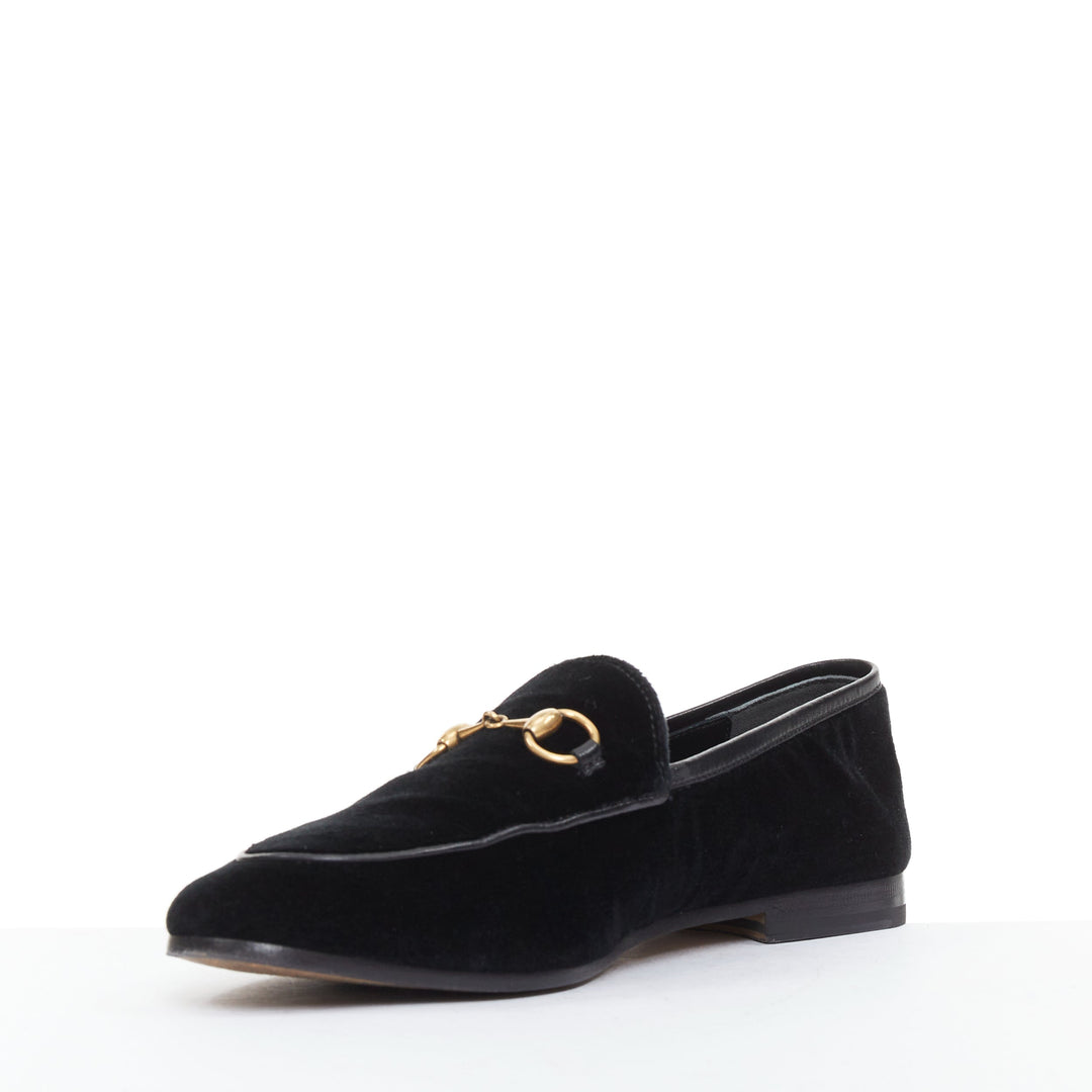 GUCCI Jordaan black velvet gold horsebit buckles leather trim loafer EU37.5