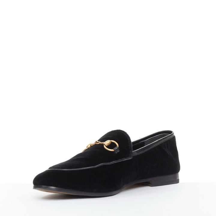 GUCCI Jordaan black velvet gold horsebit buckles leather trim loafer EU37.5
