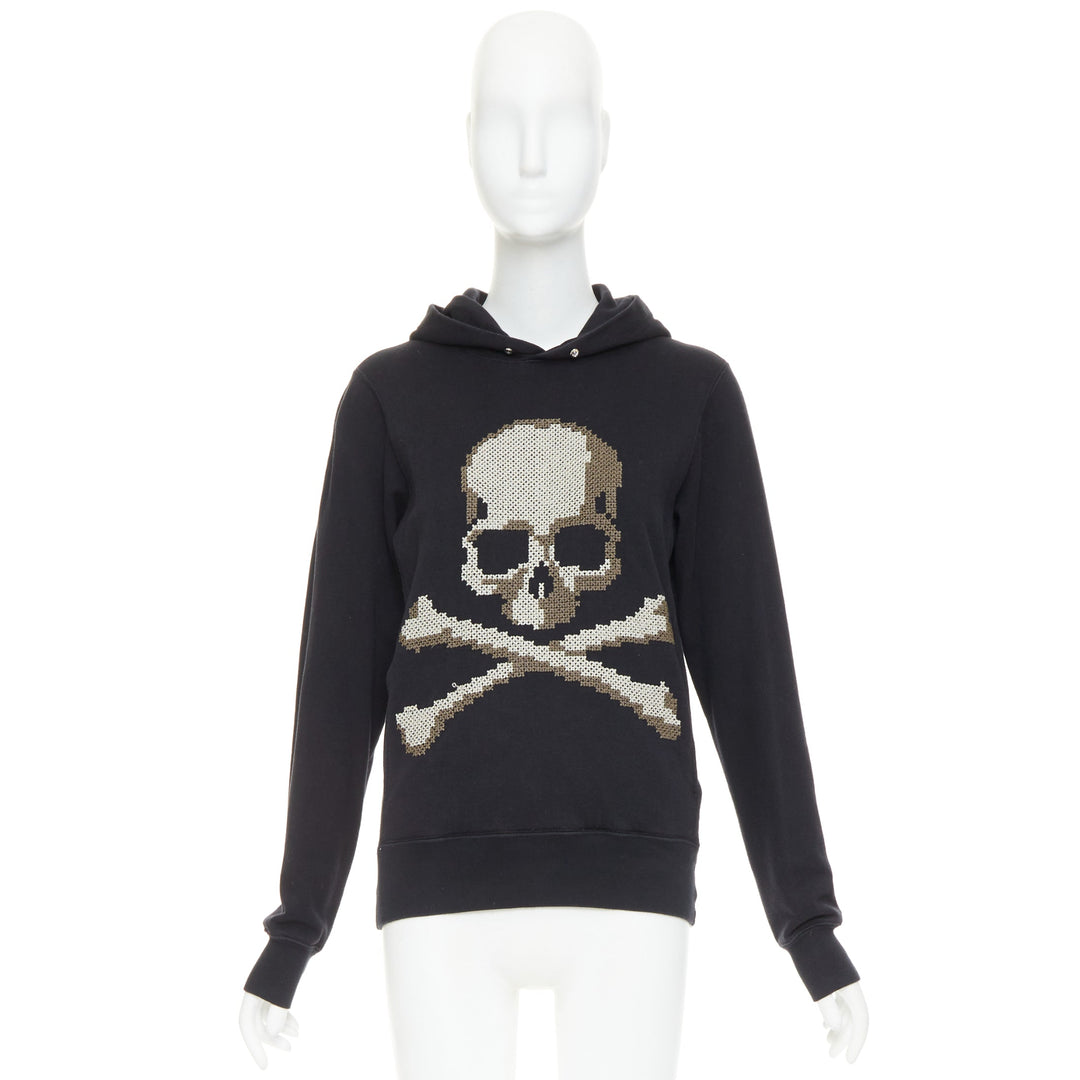 MASTERMIND JAPAN black cotton beige needlepoint embroidered skull hoodie JP3 L