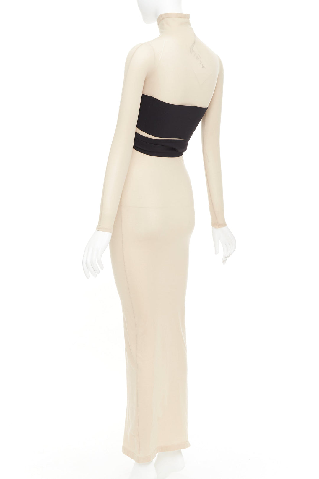 ALAIA 2023 beige second-skin band belted jersey turtleneck maxi dresse FR36 S