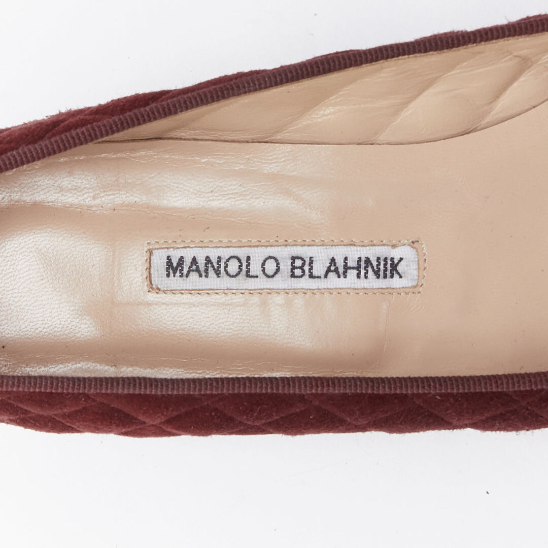 MANOLO BLAHNIK burgundy quilted suede square toe loafer flats EU39