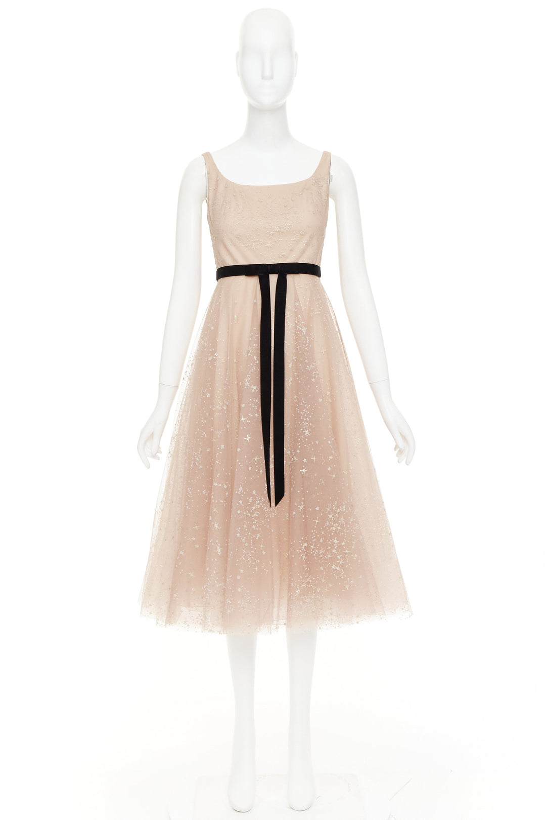 MARCHESA NOTTE blush pink glitter tulle black velvet bow tea length gown US2 S