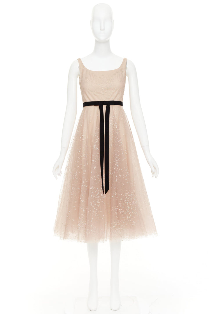 MARCHESA NOTTE blush pink glitter tulle black velvet bow tea length gown US2 S