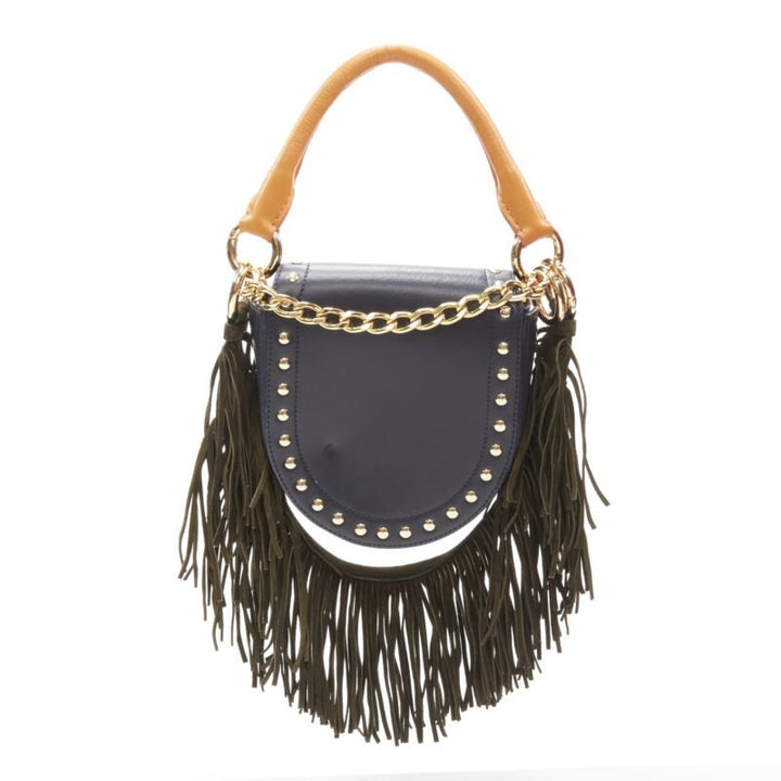 SACAI black leather gold studded fringe gold chain saddle bag