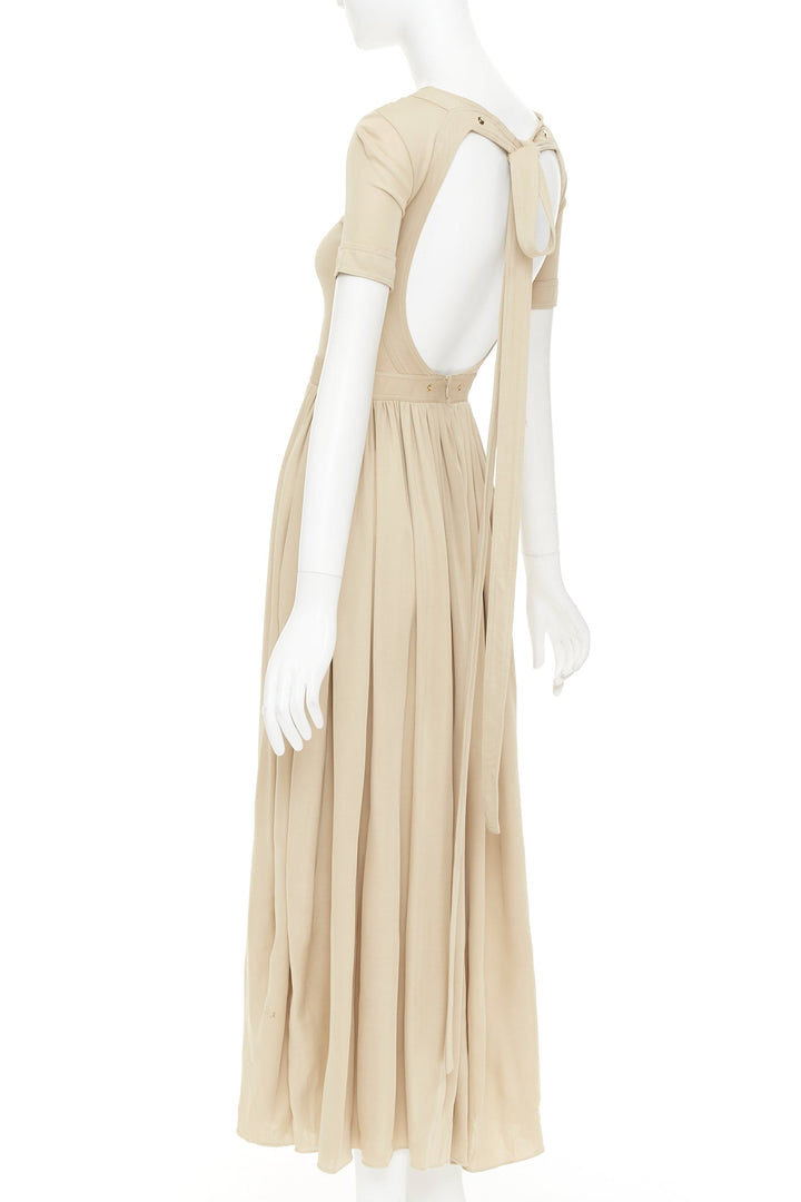 OLD CELINE Phoebe Philo 2016 nude viscose open back tie pleat midi dress FR34 XS