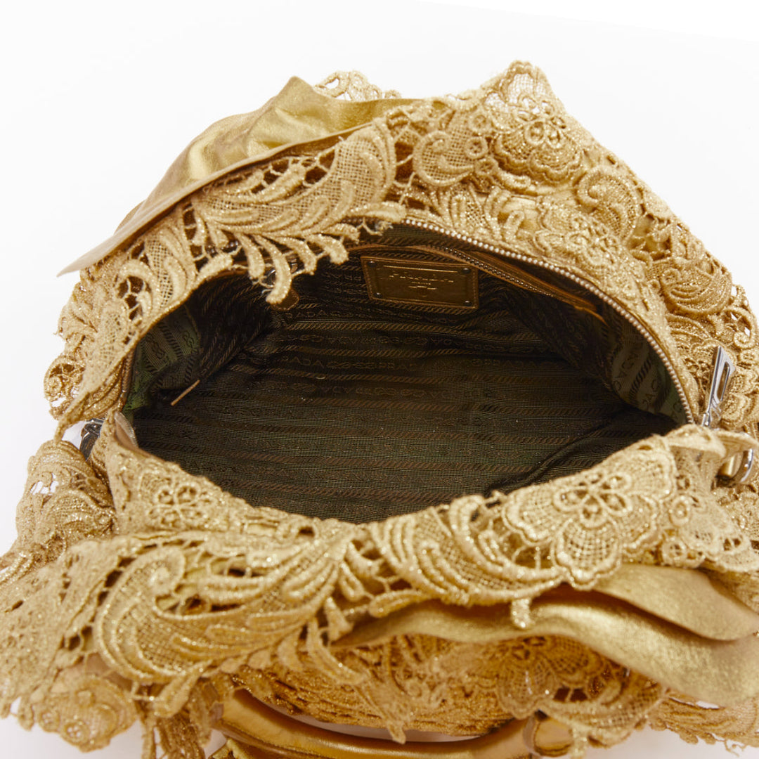 PRADA 2008 Runway Gold Oro Lace Pizzo gold macrame lace bar handle Bowler bag